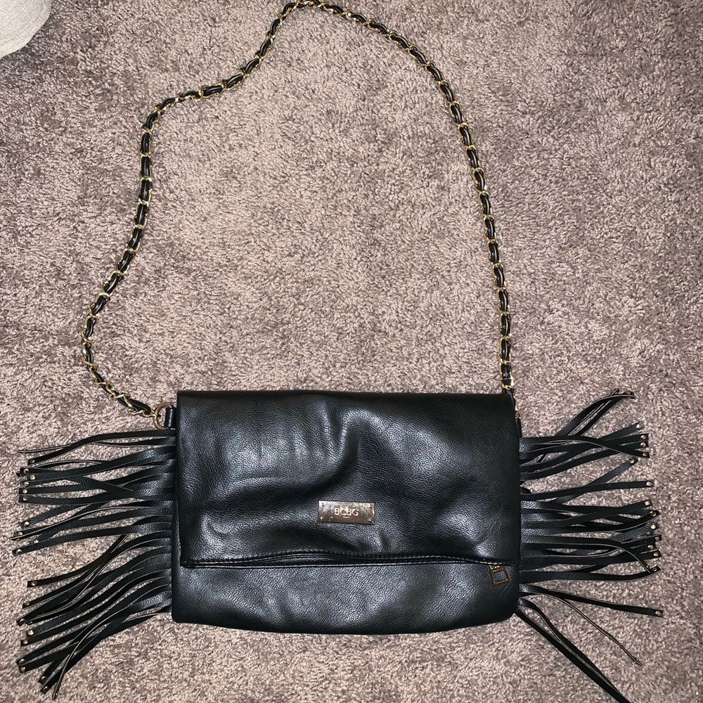 BCBG Paris Fringe Shoulder Handbag Black and Gold